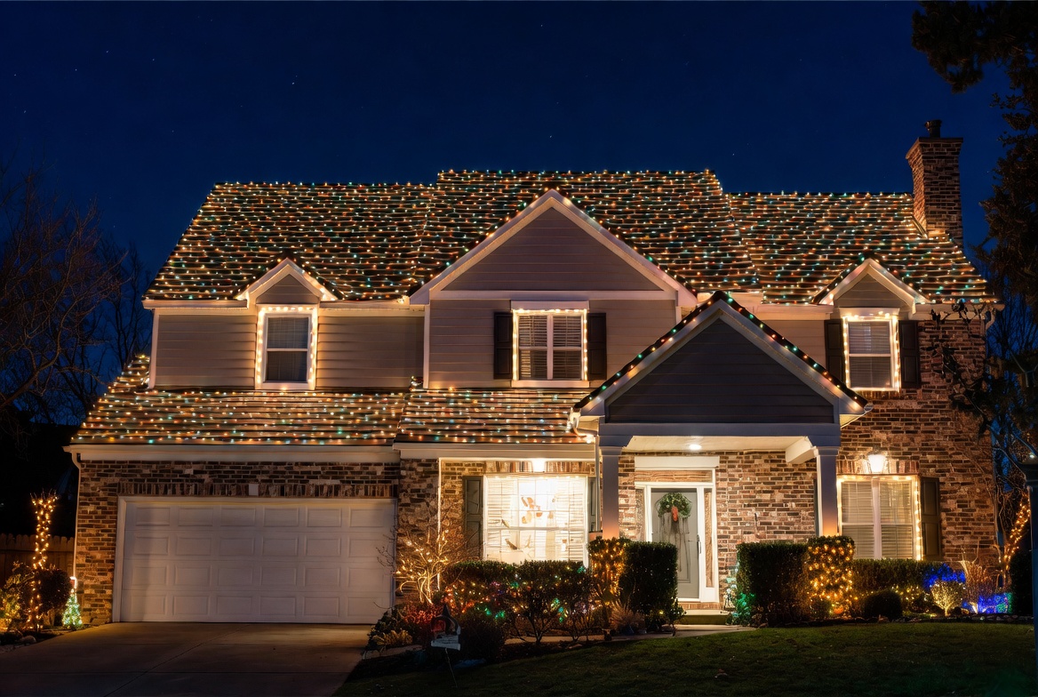 Large two-story brick home with professional Christmas lights in warm white and subtle multicolor accents