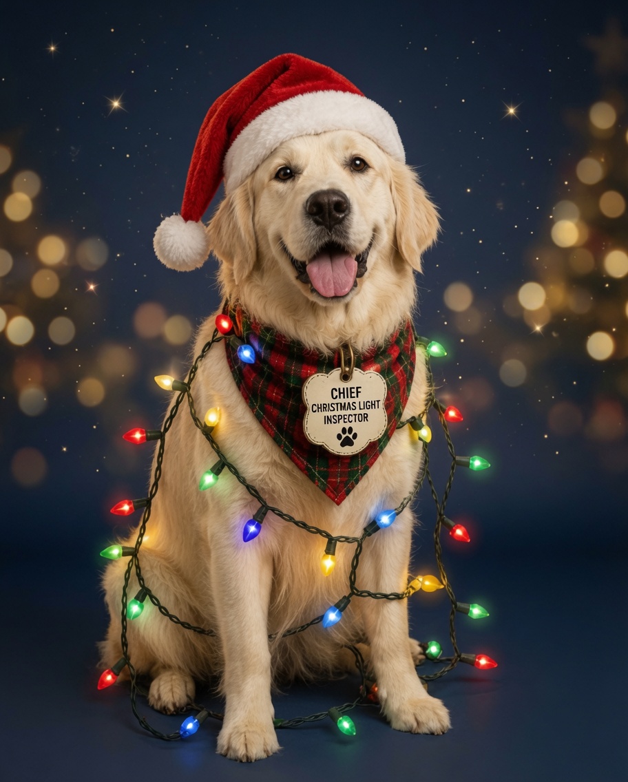 Max the golden retriever, Chief Christmas Light Inspector, wearing his Santa hat and bandana with colorful lights — ready to give his paw of approval